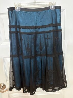 Sundance Teal and Black Layered A-Line Midi Skirt